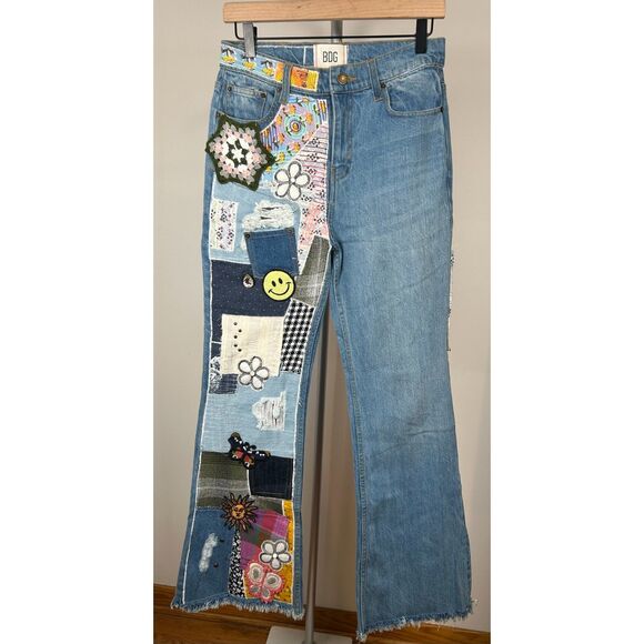 BDG Denim - BDG Patchwork Hippie High Flare Jeans Light Wash Urban Outfitters Raw Hem SZ 26